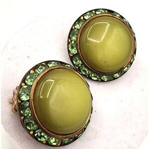 Vintage Star Clip-On Earrings With Olive Pearl Cabochon & Mint Green Rhinestones